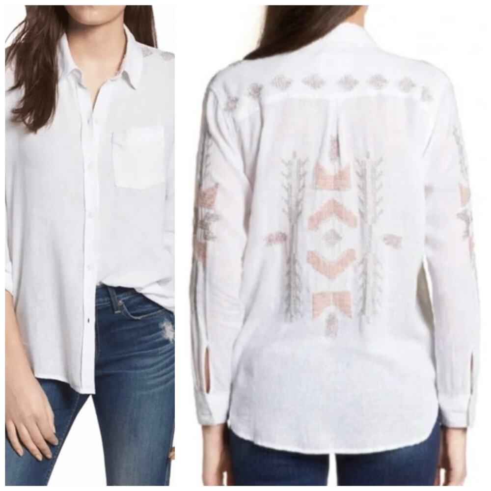 Rails Charli Tulum Embroidery Southwest Aztec Boho Linen-Blend Button-Down - Med